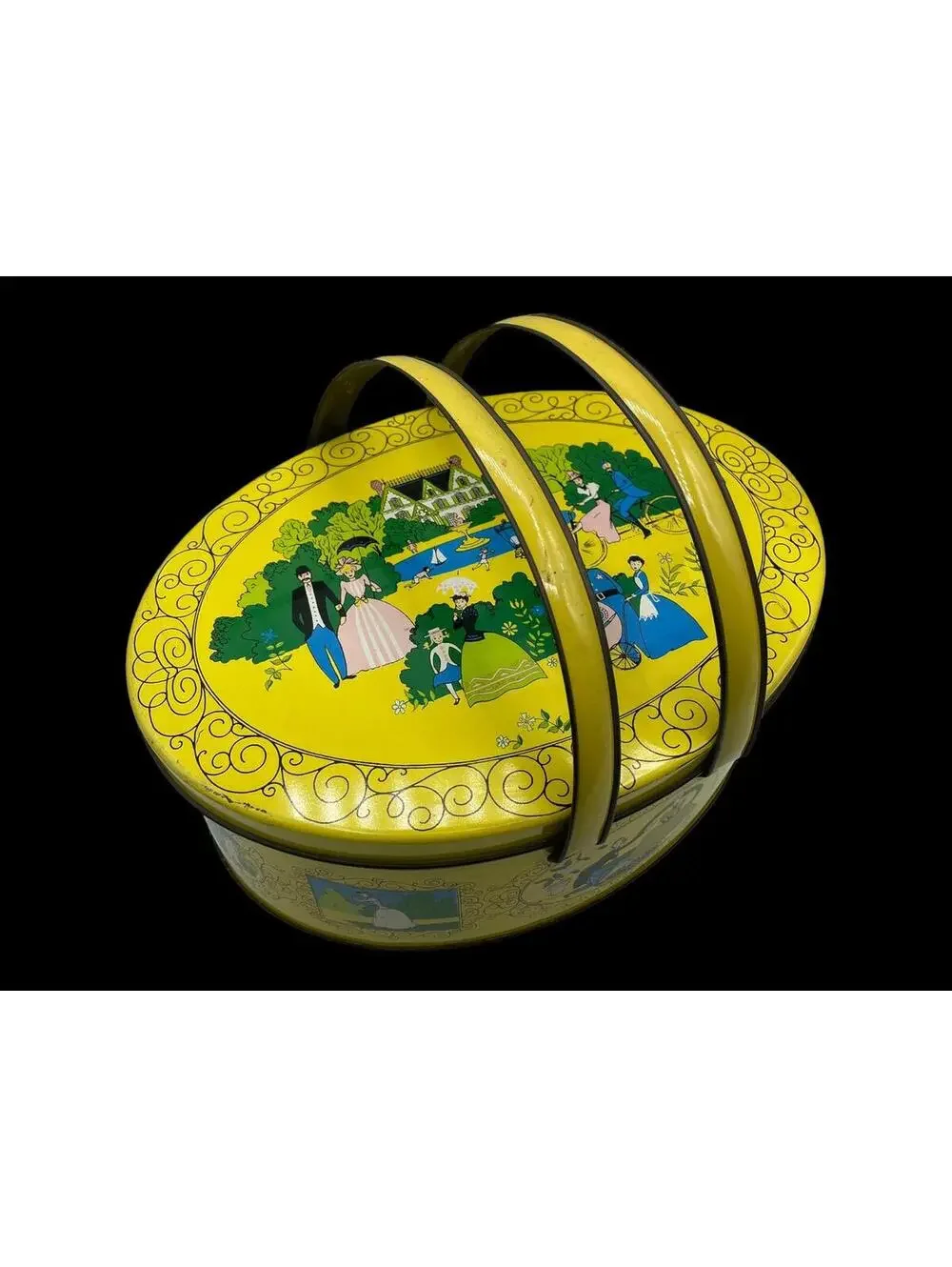 Vintage Yellow Tin Box: Victorian Couples Design, Farmhouse Storage